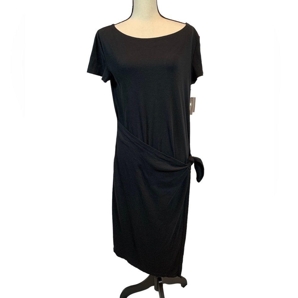Caslon Ribbed Knit Short Sleeve Faux Wrap Dress - Black - S